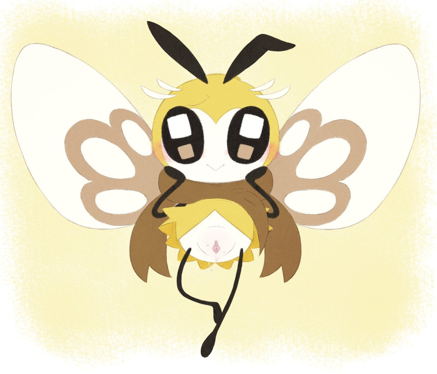 antennae_(anatomy) arthropod black_eyes blush bodily_fluids female feral genitals hi_res insect insect_wings looking_at_viewer multicolored_body nintendo pervoborb pok&eacute;mon pok&eacute;mon_(species) pussy ribombee scarf simple_background smile solo video_games wings