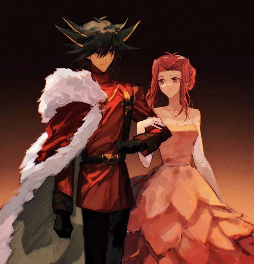 1boy 1girl absurdres alternate_costume black_gloves black_hair black_pants blonde_hair blue_eyes cape closed_mouth collarbone dress elbow_gloves eye_contact fudou_yuusei fur-trimmed_cape fur_trim gloves gradient gradient_background hair_intakes highres izayoi_aki jacket jewelry layered_dress long_dress long_hair long_sleeves looking_at_another multicolored_hair naoki_(2rzmcaizerails6) necklace pants pink_dress red_cape red_eyes red_hair red_jacket short_hair_with_long_locks sidelocks spiked_hair strapless strapless_dress streaked_hair white_gloves yu-gi-oh! yu-gi-oh!_5d's