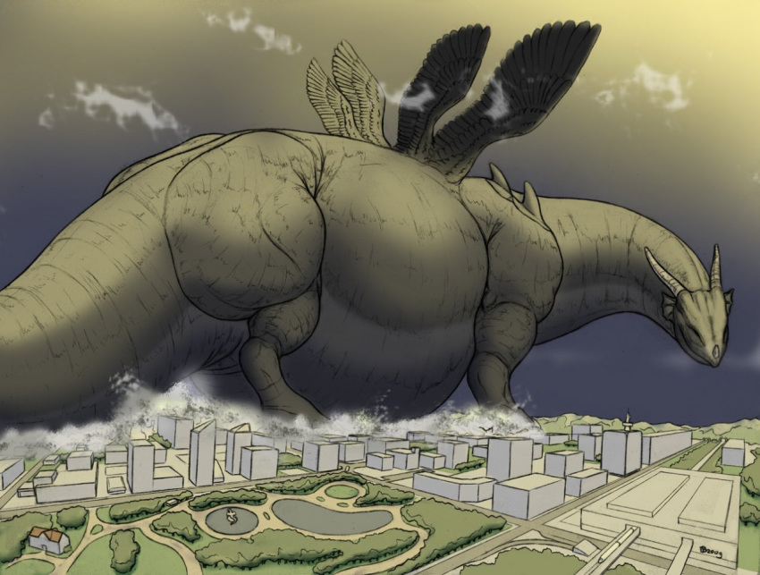 ambiguous_gender city dragon feral landscape_dwarfing macro meanybeany multi_wing overweight solo thick_tail wings