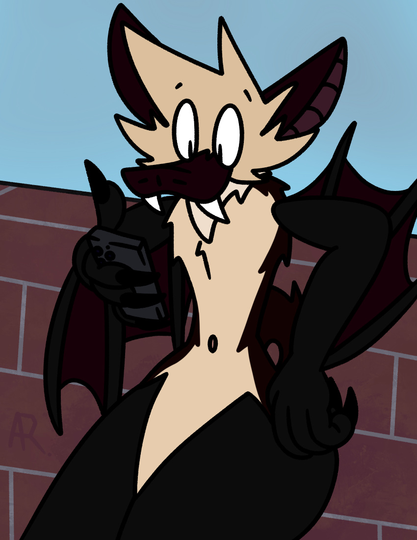 absurd_res anthro black_body blue_sky brick_wall brown_body brown_fur cellphone chiropteran claws curled_tail fangs fur hi_res holding_object holding_phone leaning leaning_on_wall looking_at_object looking_at_phone male mammal navel phone sky solo spanklet spanklet_chocoa thick_thighs wall_(structure) wings