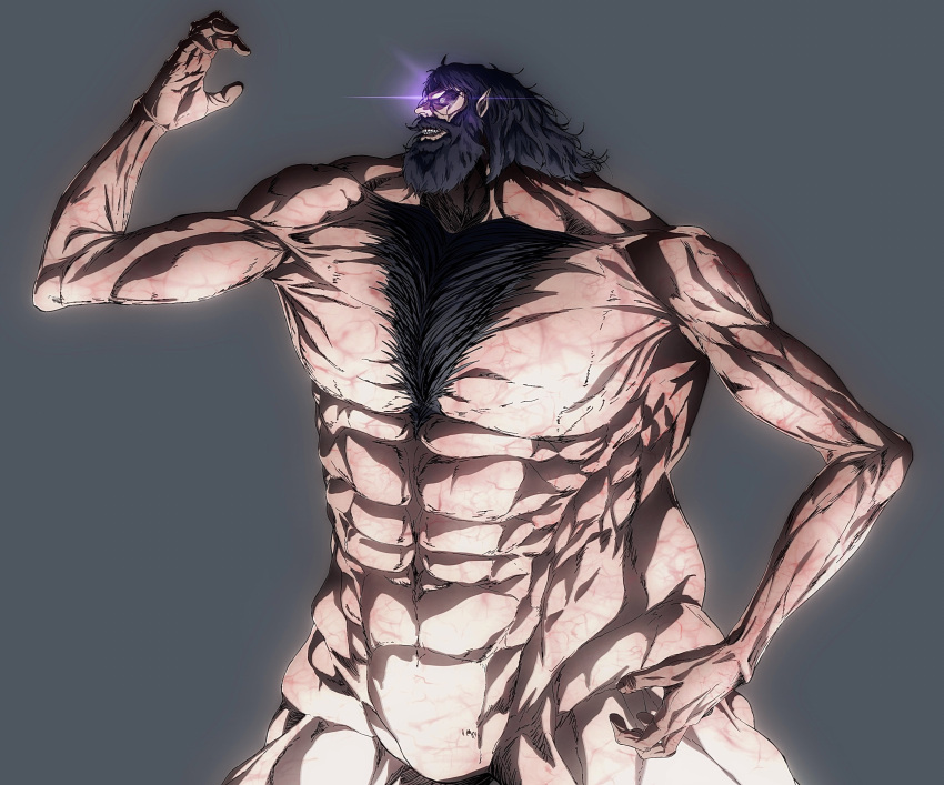 1boy abs absurdres beard black_hair character_request check_character chest_hair daisx_(dais0115) facial_hair giant giant_male glowing glowing_eyes highres large_pectorals long_hair male_focus monster official_style pectorals pointy_ears purple_eyes shingeki_no_kyojin solo titan_(shingeki_no_kyojin)