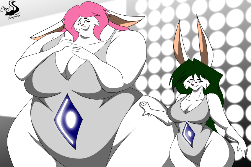 anthro breasts chrisandcompany cleavage clothed clothing duo female hair hi_res lagomorph leporid mammal rabbit size_difference