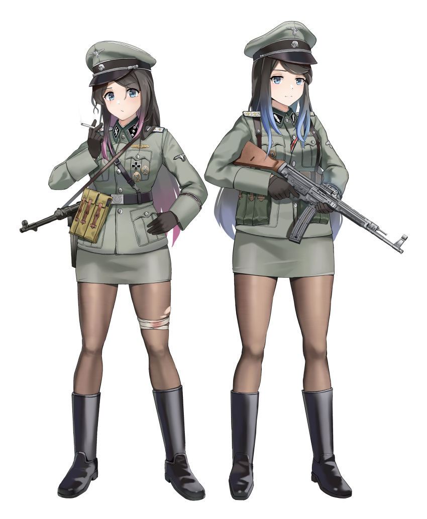 2girls absurdres assault_rifle black_footwear black_gloves black_hair black_legwear blue_eyes blue_hair boots breast_pocket cigarette epaulettes gloves gradient_hair green_headwear green_jacket green_skirt gun hat highres holding holding_cigarette holding_gun holding_weapon jacket long_hair long_sleeves magazine_(weapon) military military_uniform miniskirt mp40 multicolored_hair multiple_girls nazi original pantyhose peaked_cap pencil_skirt pocket purple_hair rifle skirt ss_insignia ss_uniform standing stg44 submachine_gun swastika totenkopf unicron_(brous) uniform waffen-ss weapon world_war_ii