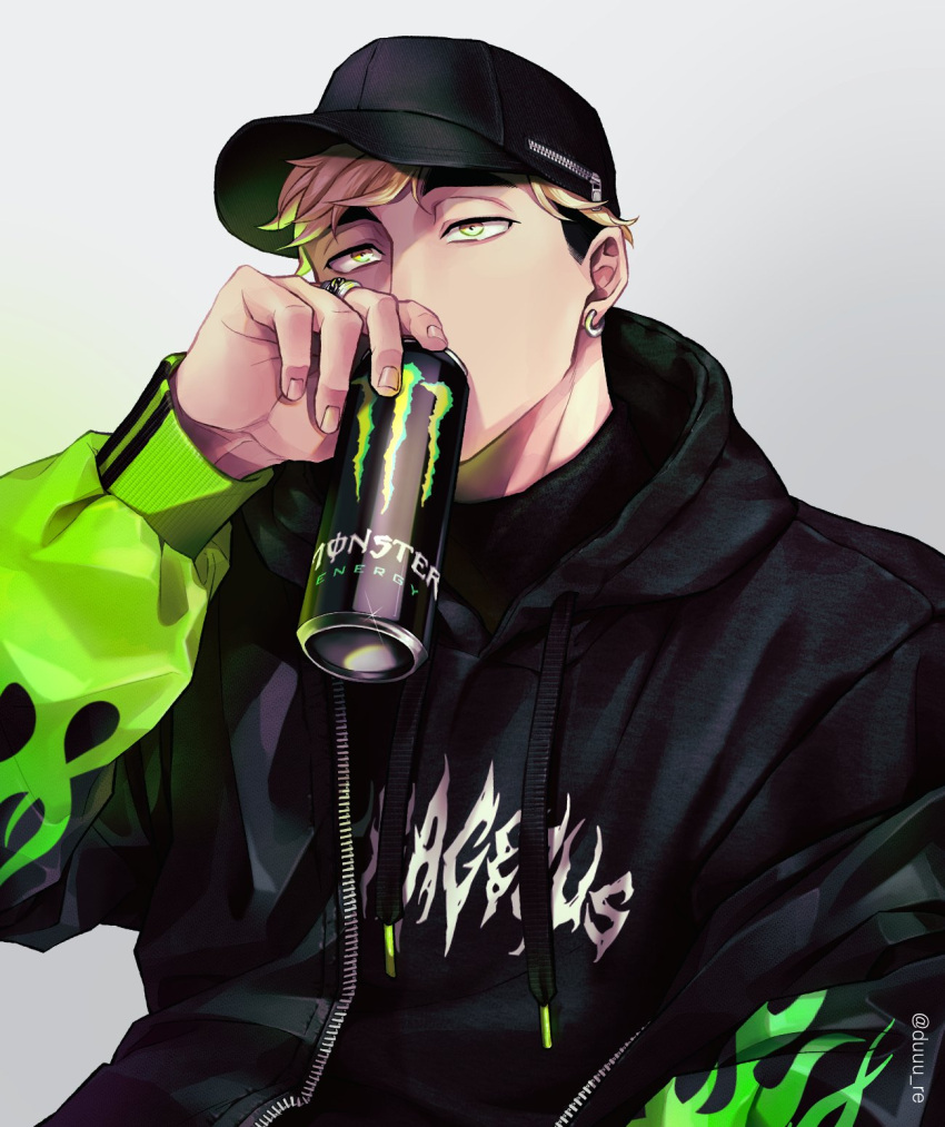 1boy alternate_eye_color baseball_cap black_hoodie black_jacket blonde_hair can drinking duuu_re earrings energy_drink green_eyes green_jacket haikyuu!! hat highres holding holding_can hood hood_down hoodie jacket jewelry male_focus miya_atsumu monster_energy multicolored_clothes multicolored_jacket off_shoulder open_clothes open_jacket ring short_hair solo twitter_username two-tone_jacket upper_body