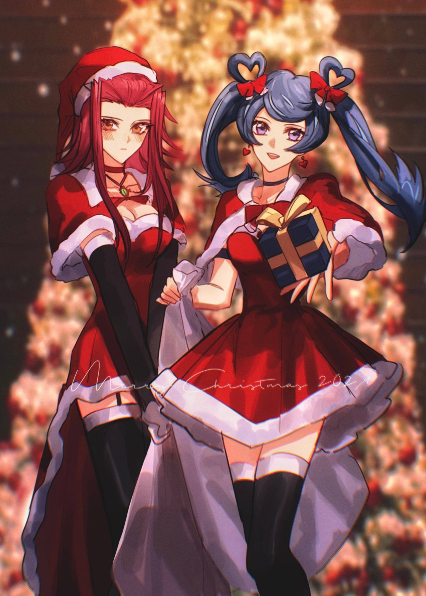 2girls :d absurdres alternate_costume bag black_gloves black_legwear blue_angel blue_eyes blue_hair blurry blurry_background blush bow box breasts brown_eyes capelet christmas christmas_tree cleavage dress earrings elbow_gloves floating_hair fur-trimmed_capelet fur-trimmed_dress fur-trimmed_headwear fur_trim garter_straps gift gift_box gloves hair_bow hair_intakes hat heart heart_earrings highres holding holding_bag holding_box izayoi_aki jewelry long_hair looking_at_viewer medium_breasts merry_christmas multiple_girls naoki_(2rzmcaizerails6) open_mouth pleated_dress red_bow red_capelet red_dress red_hair red_headwear santa_hat short_dress short_hair_with_long_locks smile snowing thighhighs winter yu-gi-oh! yu-gi-oh!_5d's yu-gi-oh!_vrains zettai_ryouiki