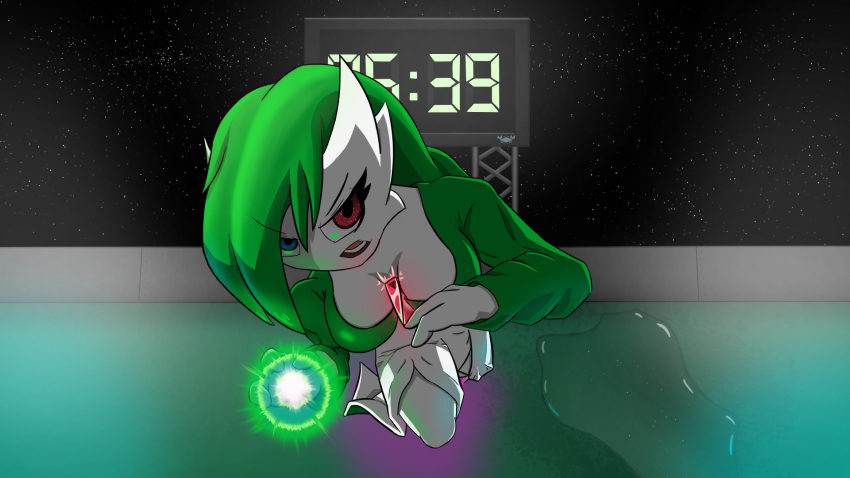 2021 3_fingers angry attack blue_eyes breasts detailed_background energy_ball female fingers gardevoir ghostth39 green_hair hair heterochromia hi_res humanoid nintendo not_furry pok&eacute;mon pok&eacute;mon_(species) psychic red_eyes ruby_(ghostth39) sky solo stadium star starry_sky timer video_games