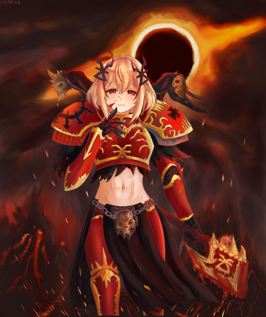 1girl abs armor axe azur_lane black_sun blonde_hair blood blood_on_face blood_on_weapon chainsaw chaos_(warhammer) chaos_space_marine cosplay czarka123 hair_ornament highres holding holding_axe holding_weapon khorne khorne_berserker khorne_berserker_(cosplay) medium_hair power_armor red_eyes roon_(azur_lane) shoulder_armor sidelocks skull_ornament sun warhammer_40k weapon