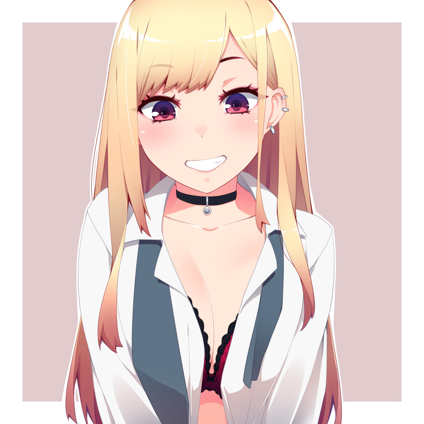 1girl absurdres bangs black_collar blonde_hair blush bra breast_squeeze breasts choker cleavage collar collarbone collared_shirt ear_piercing earrings eyebrows_visible_through_hair gradient_hair grin hayashi_custom highres jewelry kitagawa_marin lace-trimmed_bra lace_trim long_hair looking_at_viewer medium_breasts multicolored_hair open_clothes open_shirt piercing red_eyes red_hair shirt smile solo sono_bisque_doll_wa_koi_wo_suru swept_bangs underwear white_shirt