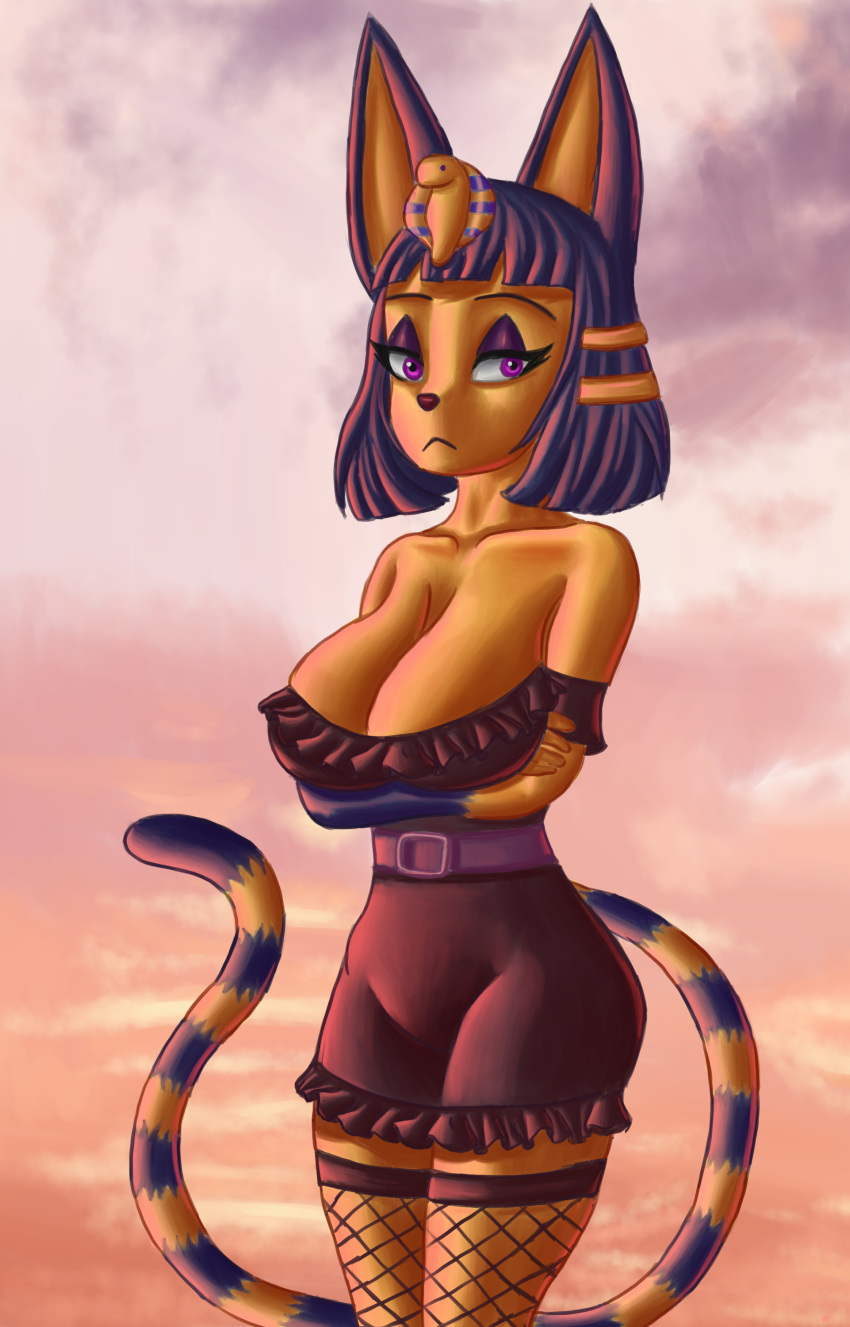 2022 absurd_res animal_crossing ankha_(animal_crossing) anthro bare_shoulders big_breasts black_clothing black_dress blue_body blue_fur blue_hair breasts clothed clothing crossed_arms demongirl_demoness digital_drawing_(artwork) digital_media_(artwork) domestic_cat dress eyebrows felid feline felis female fishnet fishnet_legwear fur goth hair half-closed_eyes hi_res legwear looking_aside mammal multicolored_body multicolored_fur narrowed_eyes nintendo portrait purple_eyes shaded simple_background solo three-quarter_portrait two_tone_body two_tone_fur uraeus video_games yellow_body yellow_fur