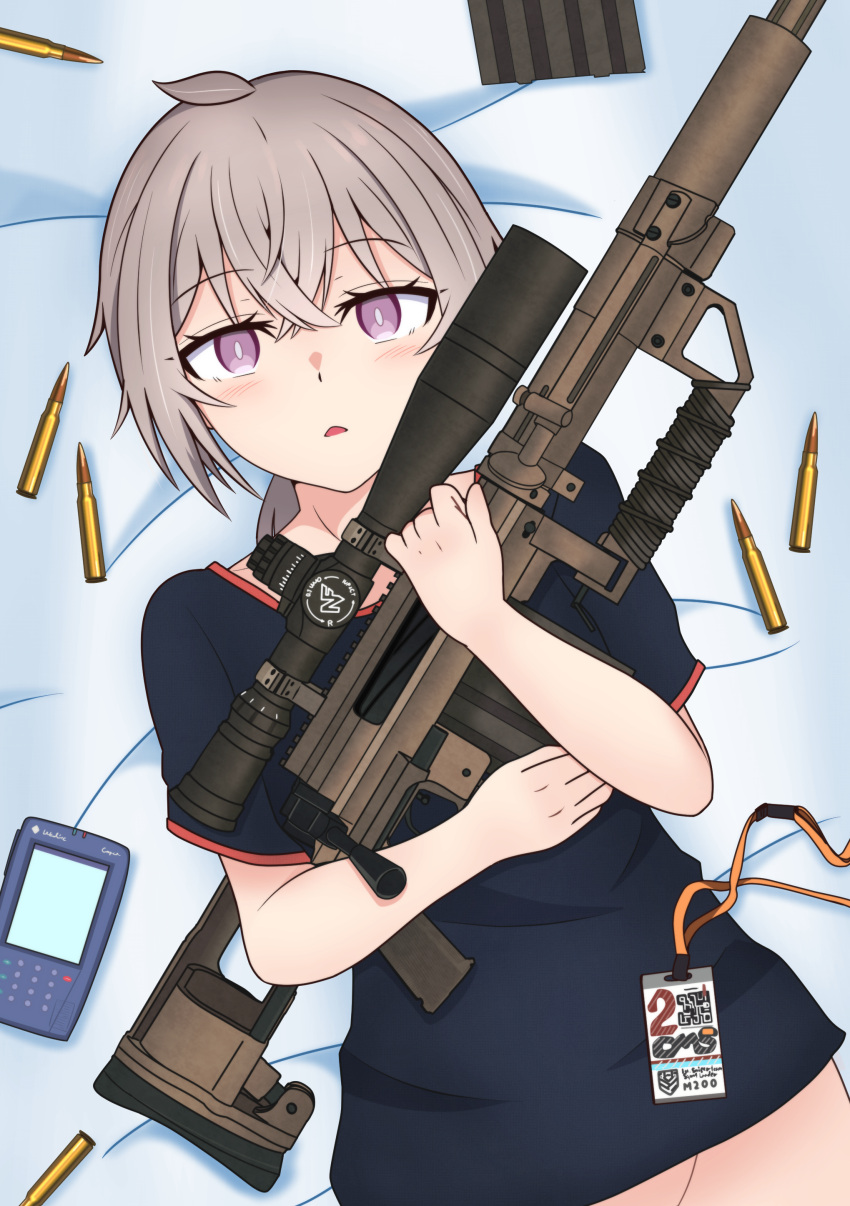 1girl absurdres ammunition anti-materiel_rifle bangs bed blue_shirt blush bolt_action bottomless cheytac_m200 cowlick girls'_frontline gotoo gun highres holding holding_gun holding_weapon id_card lanyard looking_at_viewer low_ponytail lying m200_(girls'_frontline) magazine_(weapon) on_back on_bed open_mouth pink_eyes rifle scope shirt short_sleeves sidelocks silver_hair sniper_rifle sniper_scope solo weapon