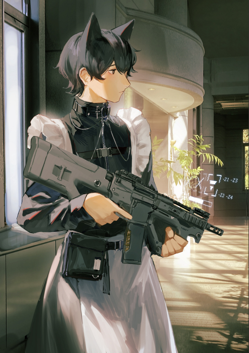 1boy animal_ears apron black_eyes black_hair cat_ears collar crossdressing gun highres holding holding_gun holding_weapon holographic_interface indoors ishida_(segu_ishida) light maid maid_apron male_focus original plant pouch profile rifle standing sunlight weapon window