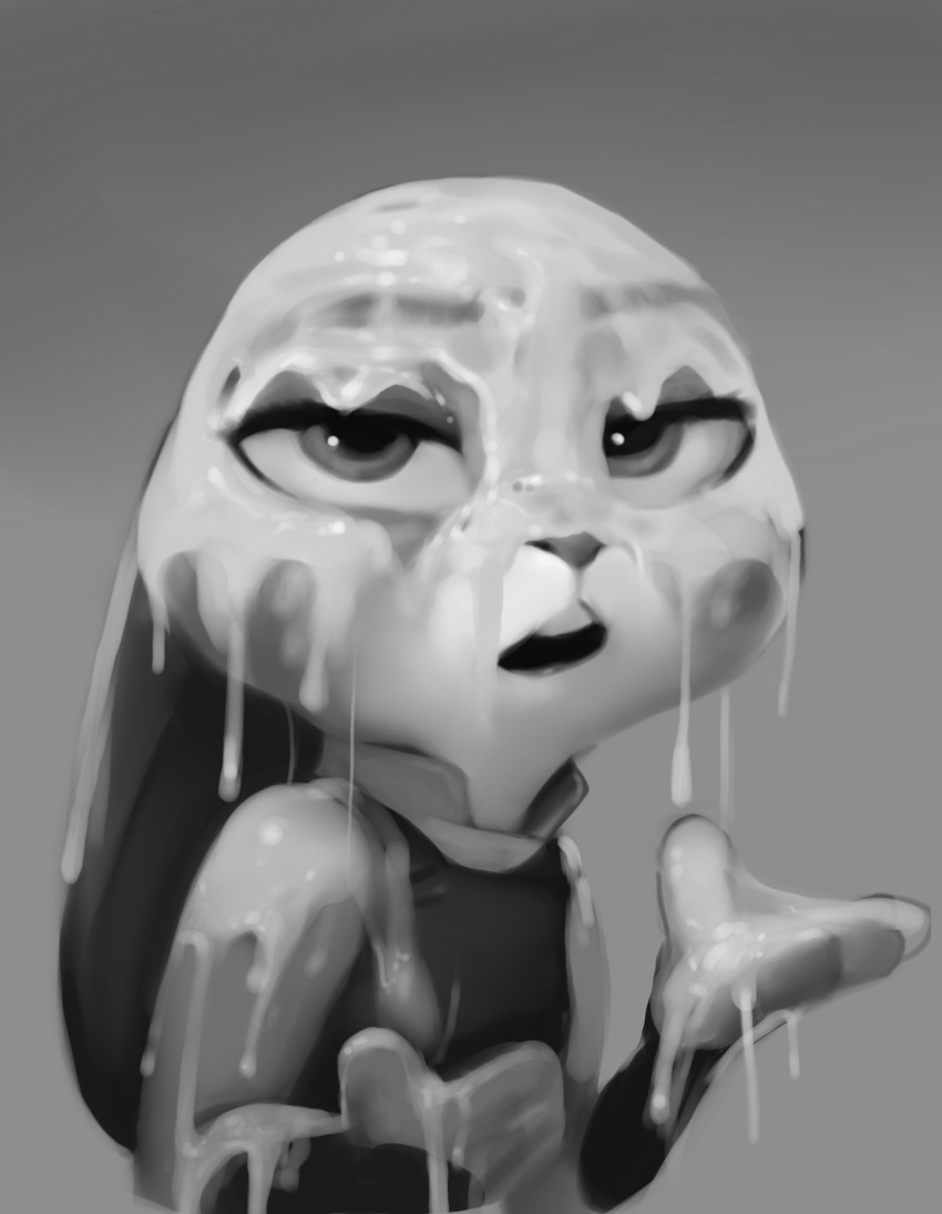 2022 anthro bodily_fluids cum cum_covered cum_on_arm cum_on_face cum_on_hand cum_on_head disney excessive_cum female genital_fluids hi_res judy_hopps lagomorph leporid looking_at_viewer mammal messy qupostuv35 rabbit simple_background solo zootopia