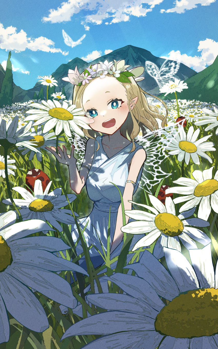 1girl absurdres blonde_hair blush bright_pupils bug butterfly butterfly_wings cloud collarbone commentary_request daisy day flower grass hair_flower hair_ornament hand_up highres houkou_illust ladybug ligne_claire looking_at_viewer minigirl mole mole_under_mouth mountainous_horizon open_mouth original outdoors pointing shirt skirt sleeveless sleeveless_shirt smile solo white_pupils white_skirt wings