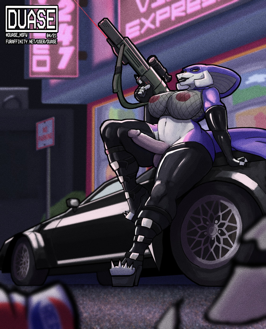 2021 absurd_res anthro balls big_breasts black_lipstick boots bottomless breasts car clothed clothing cobra cobray_(duase) curvy_figure duase fishnet fishnet_clothing fishnet_topwear footwear g11 genitals gun gynomorph hi_res holding_gun holding_object holding_weapon huge_breasts humanoid_genitalia humanoid_penis intersex latex_thigh_highs legwear lips lipstick looking_at_viewer makeup mesh_top multicolored_body narrowed_eyes navel nipples non-mammal_breasts penis purple_body ranged_weapon reptile rifle scalie snake snake_hood solo spiked_boots spiked_clothing spiked_footwear spikes text thick_lips thick_thighs thigh_boots thigh_highs topwear translucent translucent_clothing url vehicle voluptuous weapon white_body