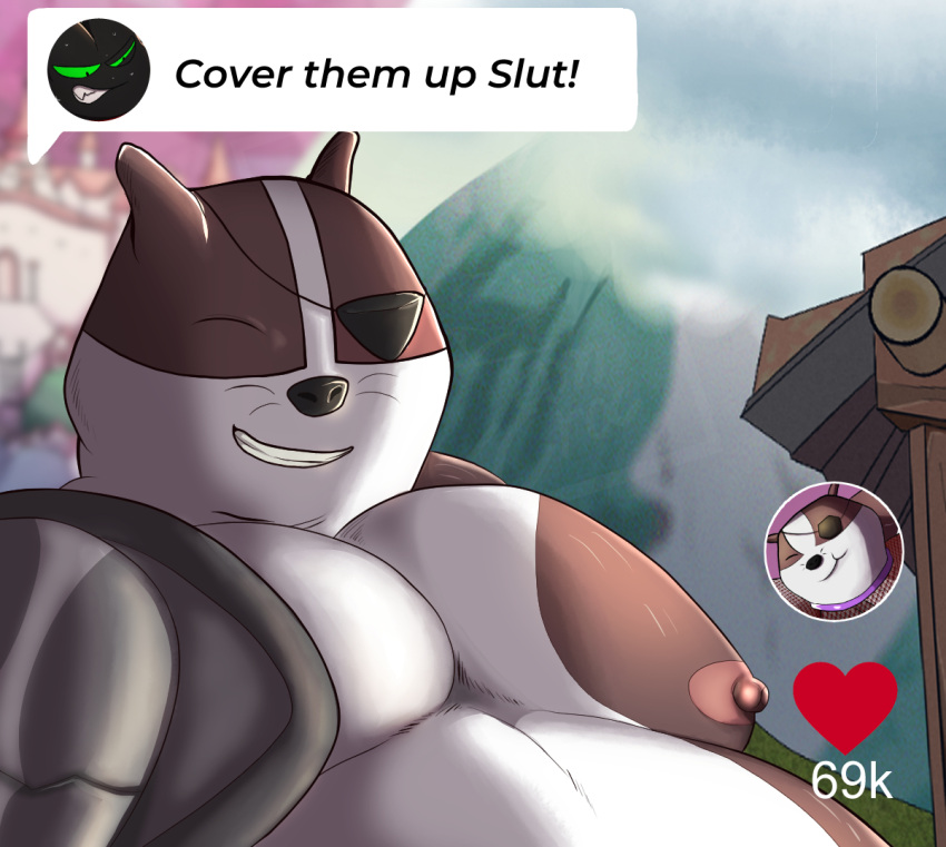 anthro badger badgerclops camcroc cartoon_network cover_them_up_slut cybernetic_arm cybernetic_limb eyes_closed male male/male mammal mao_mao:_heroes_of_pure_heart moobs mustelid musteline nipples nude overweight overweight_male pecs sheriff_mao_mao_mao slightly_chubby smile solo