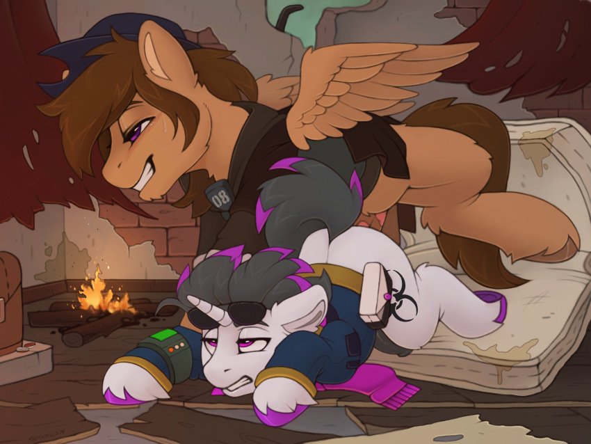 absurd_res anal anal_penetration animal_genitalia animal_penis black_hair black_tail blush bodily_fluids brown_hair brown_tail clothing cutie_mark equid equine equine_penis eyewear fallout_equestria feathered_wings feathers fire fireplace genitals glasses hair half-closed_eyes hasbro hi_res hooves horn inner_ear_fluff male male/male mammal my_little_pony narrowed_eyes pegasus penetration penis raised_tail rattatatus78 scarf sunglasses sweat tuft unicorn unicorn_horn wings wood