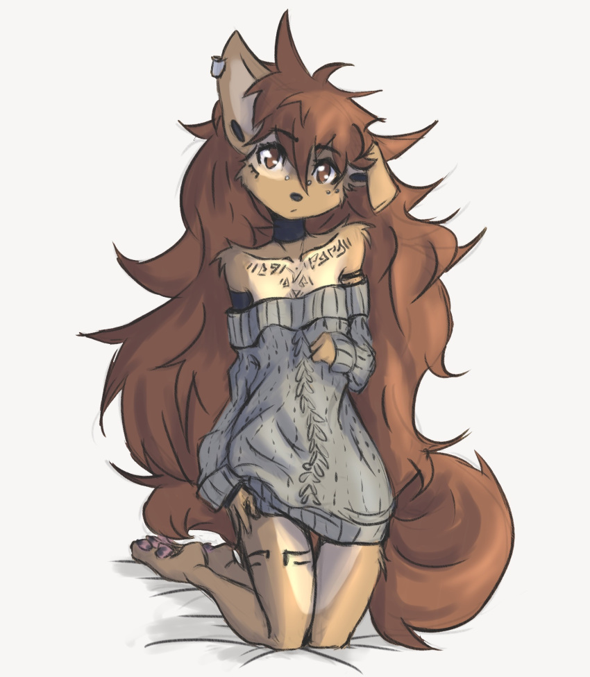 anthro apogee_(tinygaypirate) arm_tuft bare_shoulders black_nose black_pawpads breasts brown_body brown_eyes brown_fur brown_hair canid canine canis cheek_tuft choker clothing cowlick domestic_dog ear_piercing eyebrow_through_hair eyebrows facial_markings facial_piercing facial_tuft female floppy_ears fur furgonomics furry-specific_piercing gauged_ear grey_background hair hand_on_leg hand_on_thigh head_markings hi_res jewelry kneeling long_hair looking_at_viewer mammal markings messy_hair muzzle_piercing necklace nose_piercing pawpads piercing pink_pawpads raised_arm simple_background small_breasts solo spitz sweater thigh_gap tinygaypirate topwear translucent translucent_hair tuft