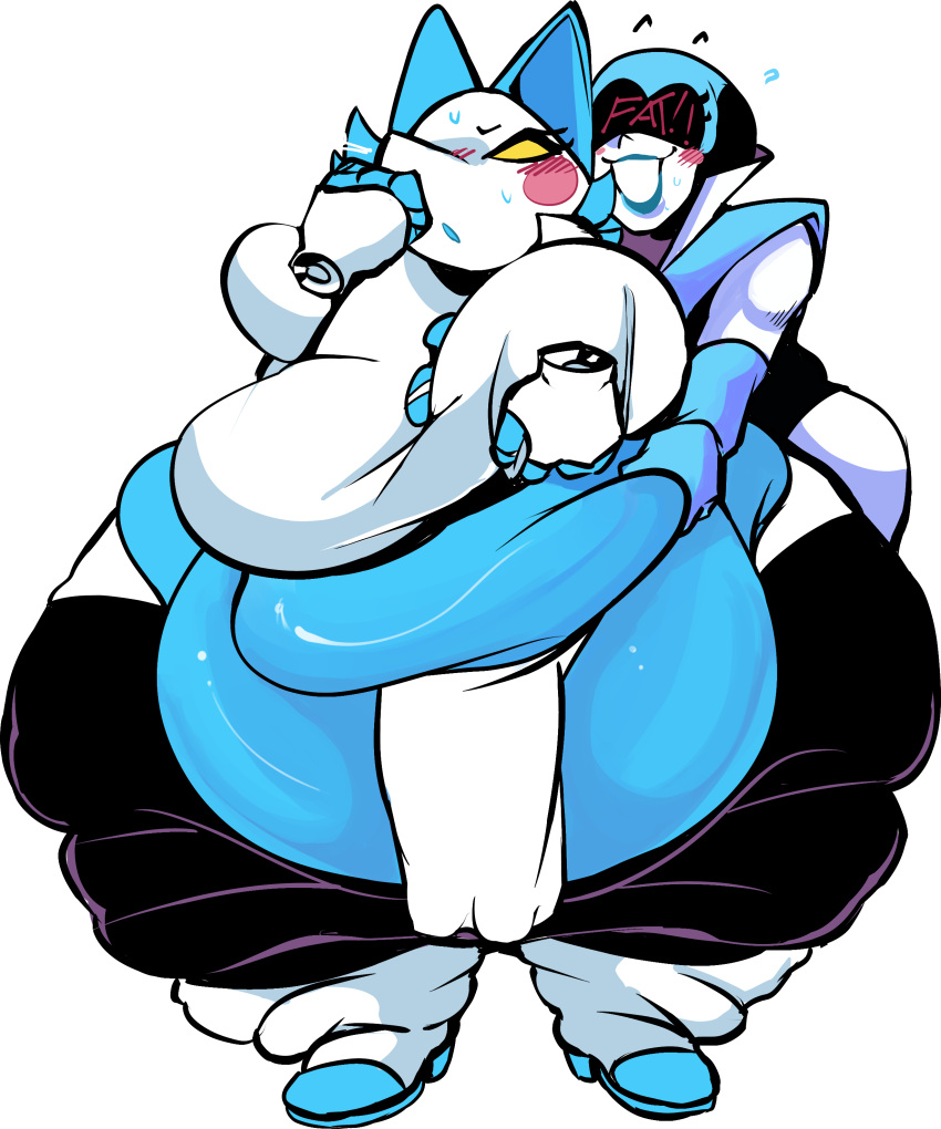 absurd_res anthro belly_grab big_breasts blue_body blush bodily_fluids breasts clothed clothing cloudboyo deltarune duo english_text eyelashes felid feline female floating_hands hi_res humanoid machine mammal obese obese_anthro obese_female open_mouth overweight overweight_anthro overweight_female queen_(deltarune) robot simple_background sweat sweatdrop tasque_manager text thick_thighs undertale_(series) video_games white_background wide_hips yellow_eyes