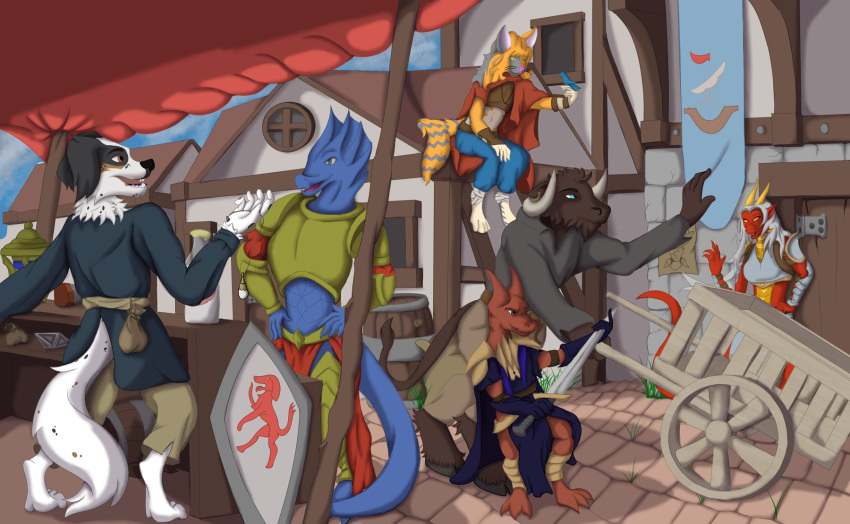 anthro avian banner barrel bazaar bird bovid bovine canid canine canis cart city detailed_background domestic_cat domestic_dog dragon european_mythology fantasy felid feline felis female gesture greek_mythology group hi_res kobold lizard lizardfolk lordofnothin1 male mammal market melee_weapon merchant minotaur mythology reptile scalie shaded shield street sword talking_to_another waving weapon