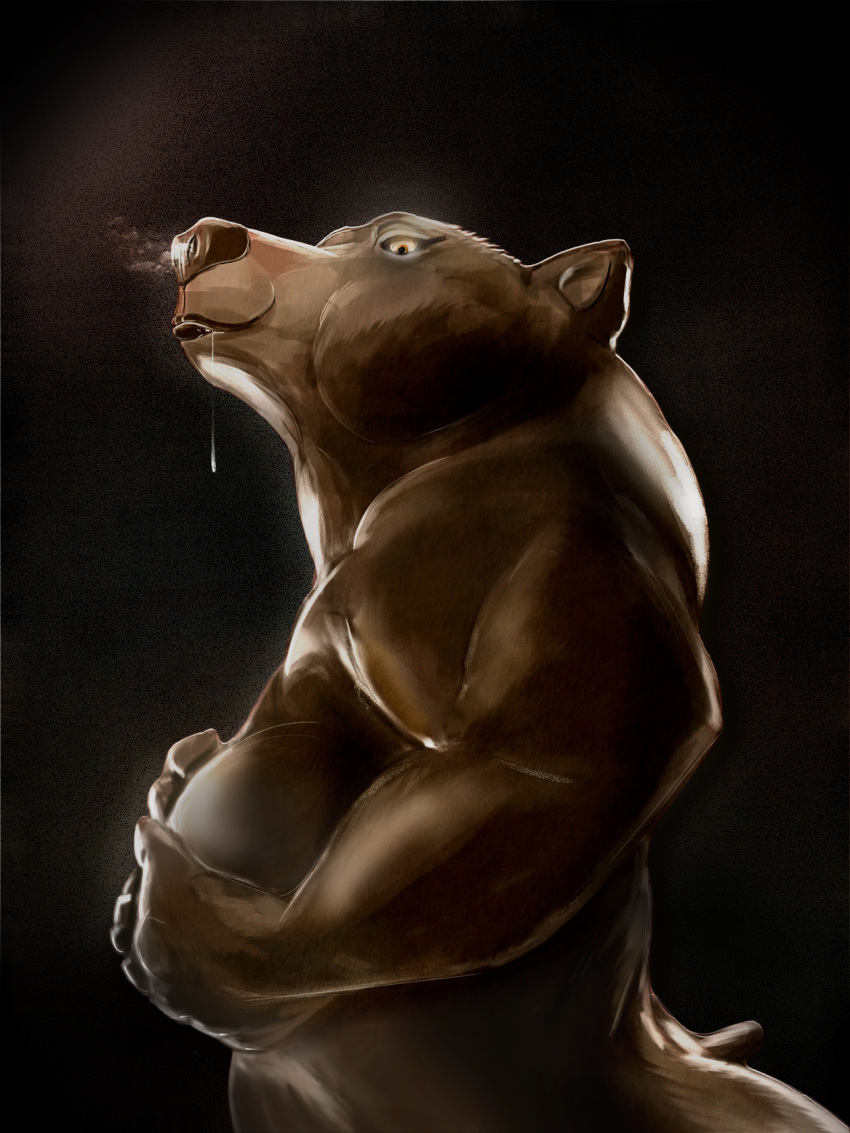 anthro bodily_fluids breasts breath drooling eostex female hi_res holding_breast looking_at_viewer mammal muscular muscular_female narrowed_eyes portrait saliva solo ursid ursine