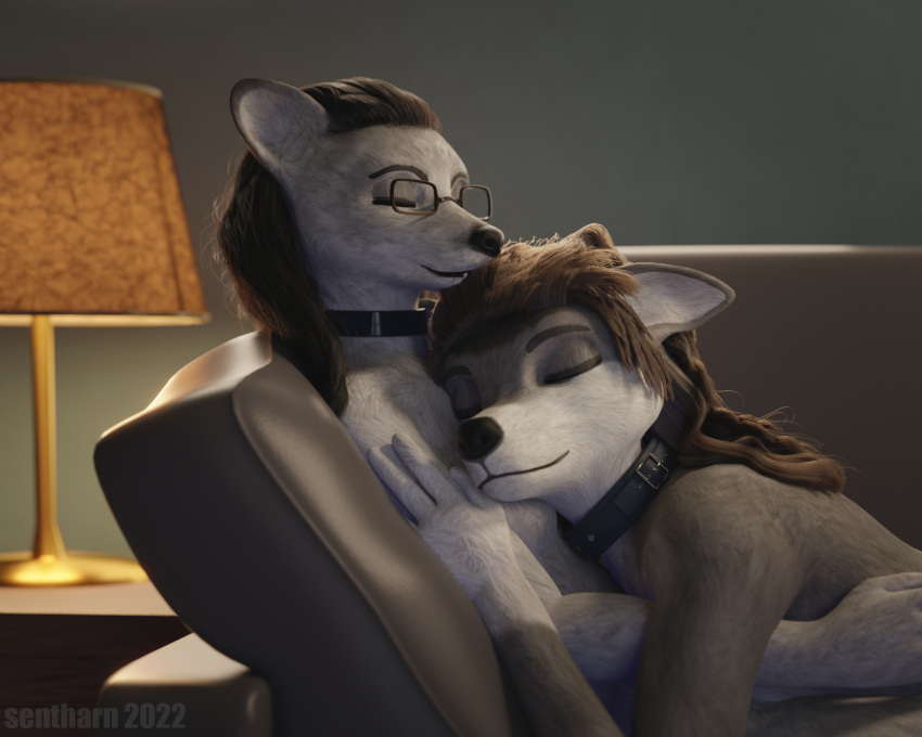 3d_(artwork) aftercare anthro bdsm breasts choker collar collar_only cuddling dalian_(sentharn) digital_media_(artwork) dominant dominant_female duo embrace eyewear female fur furniture glasses hair hi_res hug jewelry joey_(sentharn) male male/female necklace nude sentharn smile sofa submissive submissive_male