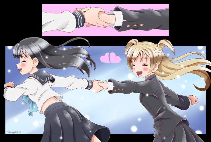 2girls akebi-chan_no_serafuku akebi_komichi artist_name black_hair blonde_hair blush closed_eyes commentary dated happy heart holding_hands kizaki_erika long_hair multiple_girls open_mouth running school_uniform serafuku skirt smile teeth twintails upper_teeth variangel yuri