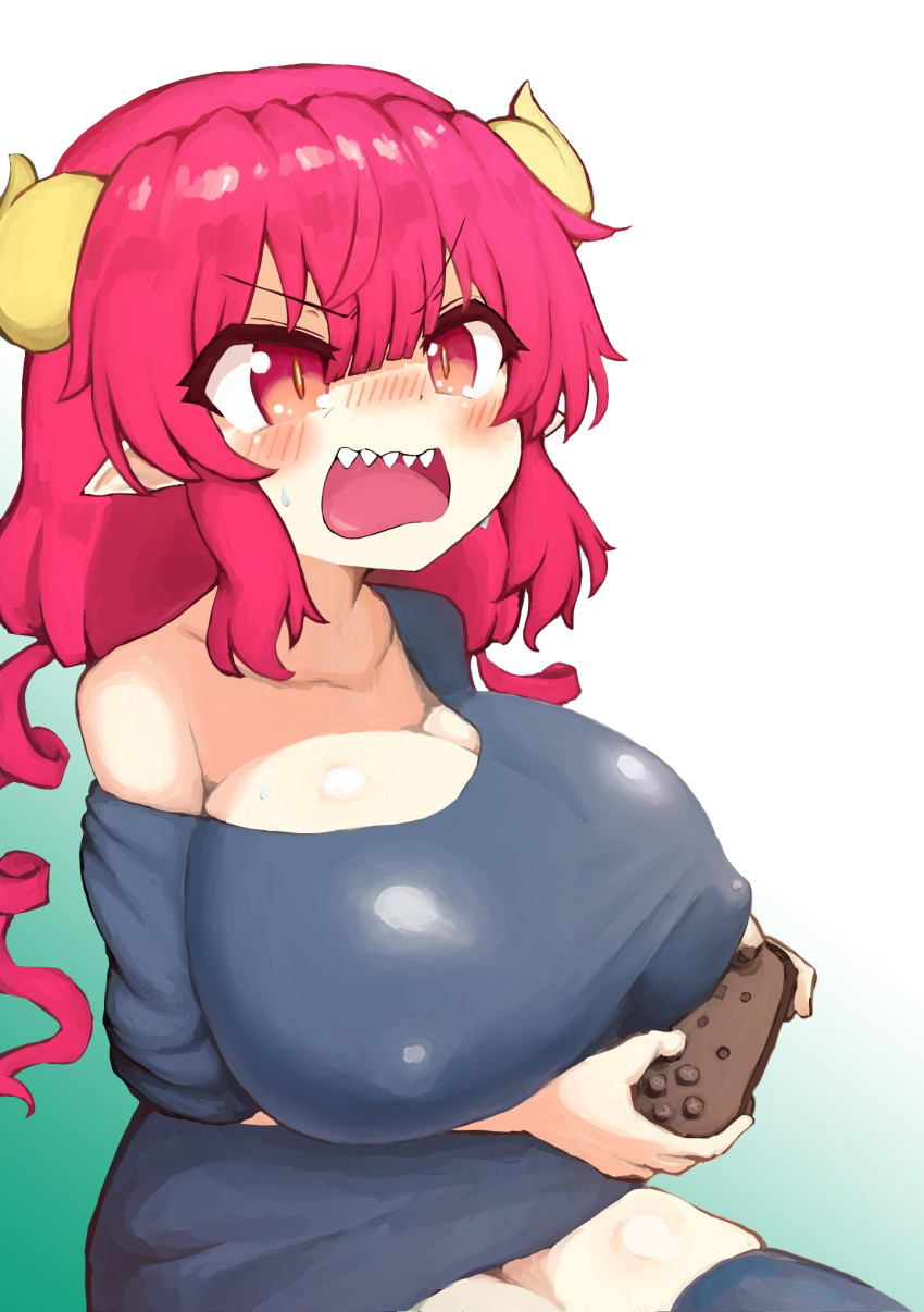 1girl bangs blush breasts cleavage collarbone controller covered_nipples detexted dragon_girl dragon_horns drill_hair eyebrows_visible_through_hair game_controller gradient gradient_background highres horns huge_breasts ilulu_(maidragon) kobayashi-san_chi_no_maidragon kouno_torisuke long_hair open_mouth oppai_loli pointy_ears red_eyes red_hair sharp_teeth shirt sitting skindentation slit_pupils solo sweat teeth thighhighs third-party_edit