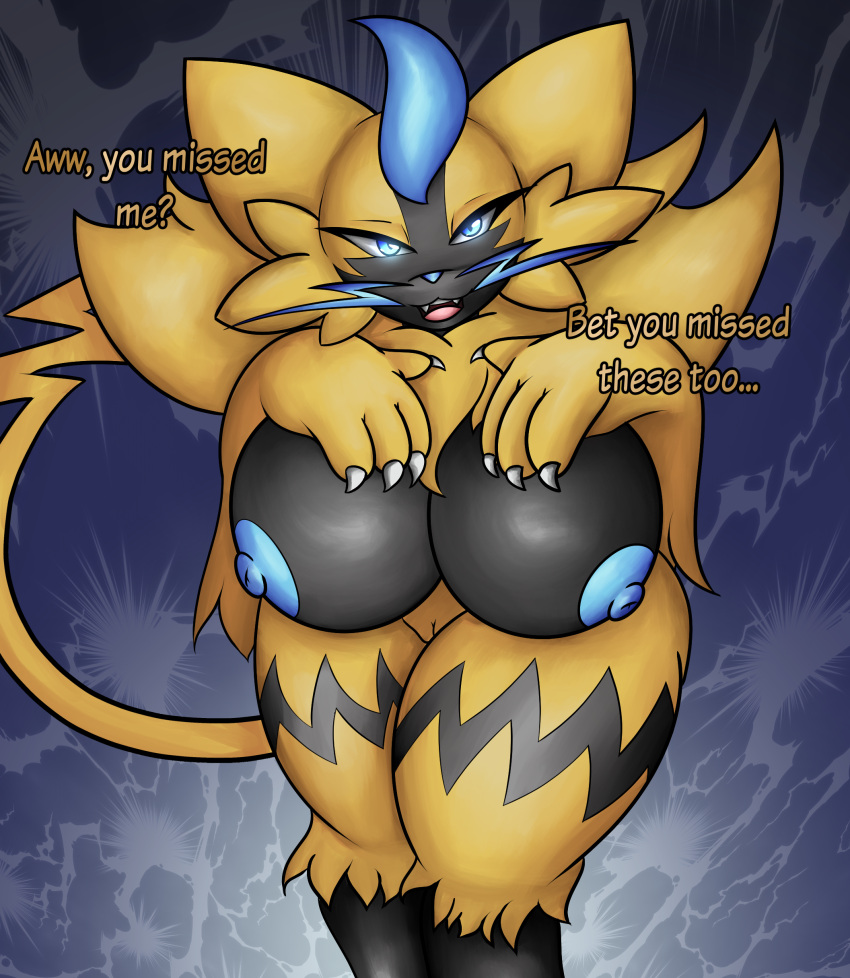 absurd_res anthro big_breasts blue_eyes blue_nipples breasts claws dialogue digital_media_(artwork) english_text fangs felid female fur genitals glowing glowing_eyes hi_res legendary_pok&eacute;mon looking_at_viewer mammal neksu nintendo nipples nude open_mouth pok&eacute;mon pok&eacute;mon_(species) pussy solo standing text video_games whiskers yellow_body yellow_fur zeraora