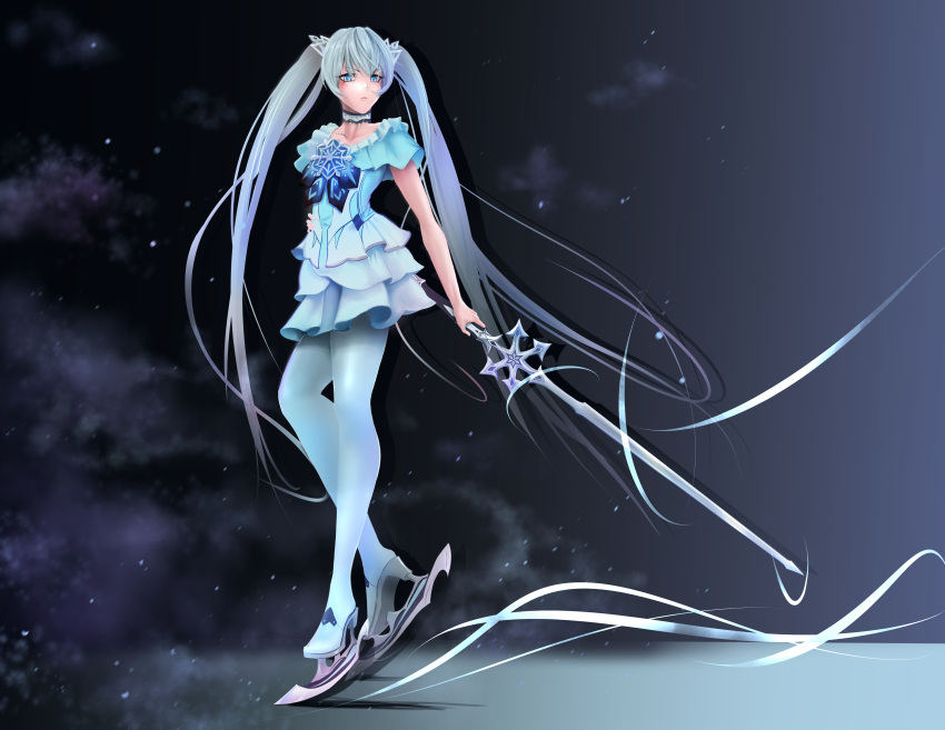 1girl absurdres black_survival blue_eyes choker collarbone elena_(black_survival) eternal_return:_black_survival figure_skating_dress flat_chest frost highres ice_skates long_hair pantyhose rapier skates snowflakes solo sword twintails user_gaed4378 very_long_hair weapon white_hair white_legwear