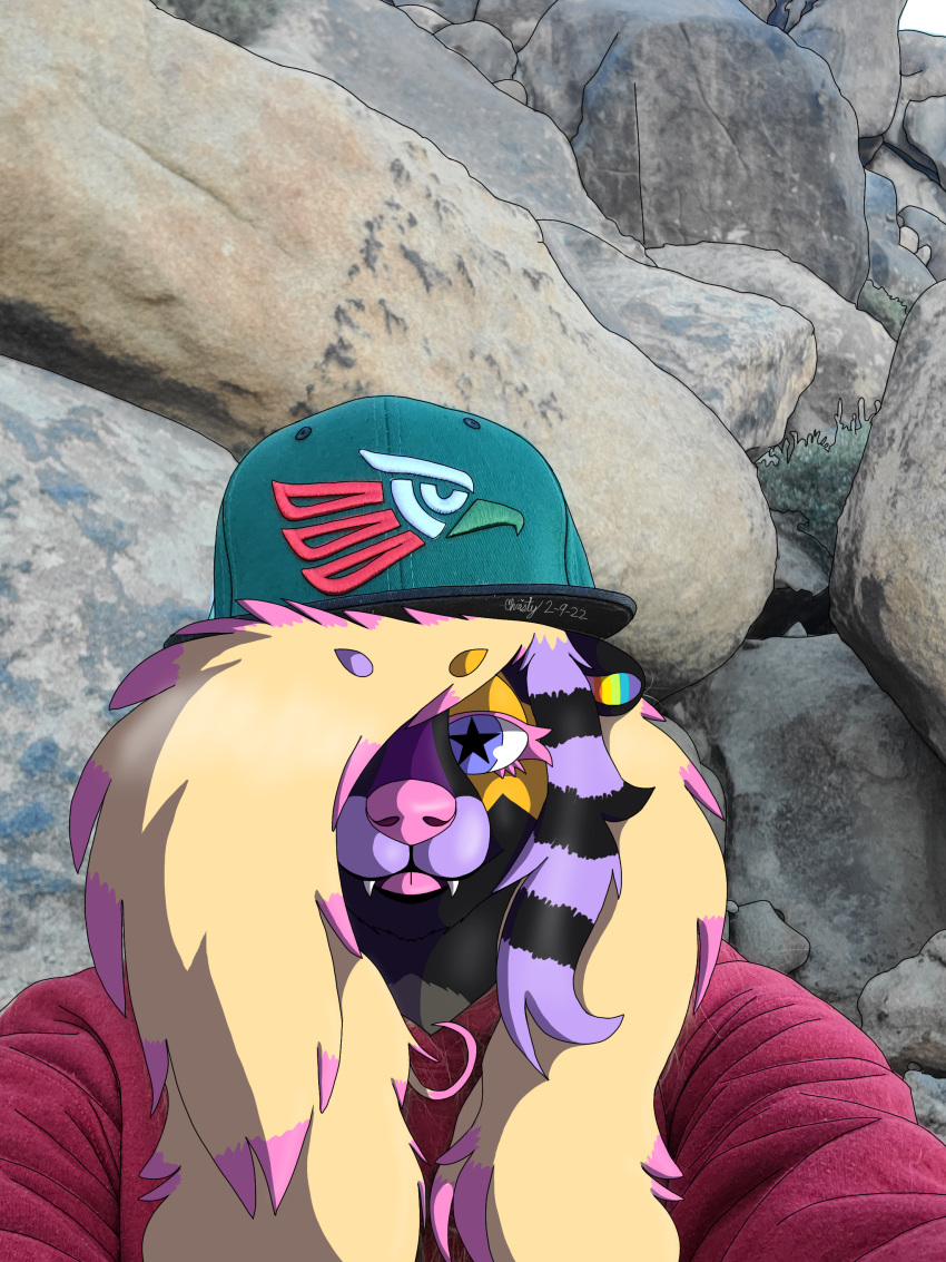 absurd_res anthro clothing draw_over fangs female hair hat headgear headwear hi_res mammal markings mephitid messy_hair rainbow red_clothing rock_climbing scene_hair scene_kid selfie skunk solo star_pupils unnatural_colors zero_pictured