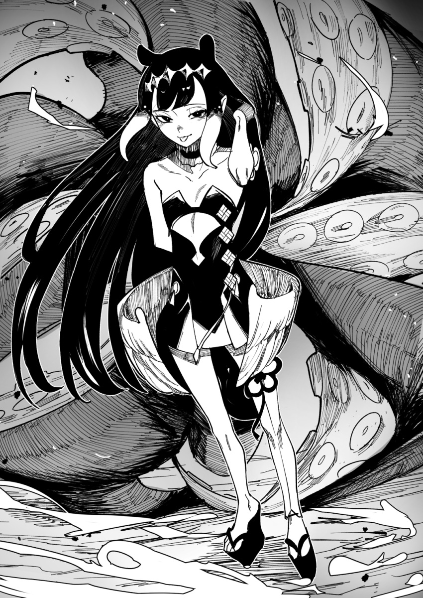 1girl bangs collarbone detached_sleeves dress flat_chest floating_hair fur_choker greyscale hair_behind_ear half-closed_eyes hand_in_own_hair highres hololive hololive_english long_hair longlong_(drasdr7513) low_wings monochrome ninomae_ina'nis platform_footwear pointy_ears single_detached_sleeve single_thighhigh smile solo standing strapless strapless_dress tentacles thighhighs tongue tongue_out tube_dress very_long_hair virtual_youtuber wings