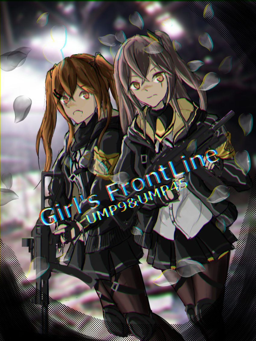 2girls bangs black_gloves black_legwear black_skirt brown_eyes brown_hair character_name commentary_request copyright_name expressionless feet_out_of_frame fingerless_gloves girls'_frontline gloves grey_hair gun h&amp;k_ump45 h&amp;k_ump9 hair_between_eyes hair_ornament hairclip highres holding holding_gun holding_weapon jacket knee_pads long_hair looking_at_viewer multiple_girls one_side_up pantyhose pleated_skirt scar scar_across_eye scar_on_face shirt sister_is_mine9 skirt twintails ump45_(girls'_frontline) ump9_(girls'_frontline) weapon white_shirt