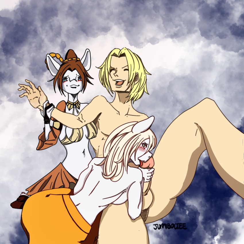 blonde_hair blue_eyes blush boots brown_hair burmecian cel_shading clothing female final_fantasy final_fantasy_ix footwear freya_crescent fur grey_body grey_fur group group_sex hair handjob hi_res holding_arm jumboliee male male/female mammal oral penile rodent sex shaded smile square_enix threesome video_games zidane_tribal