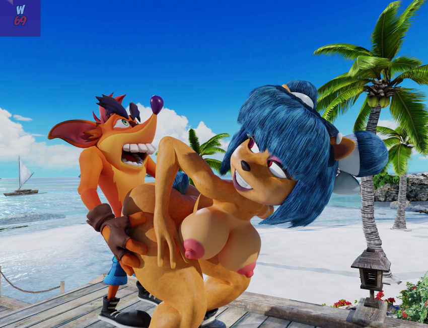 absurd_res activision anthro bandicoot beach big_butt blue_hair blue_tail breasts butt clothed clothing crash_bandicoot_(series) crash_team_racing_(series) crash_team_racing_nitro-fueled duo excitation excited_for_sex female hair hand_on_butt hi_res humanoid lightningknight male male/female mammal marsupial megumi_bandicoot nipples partially_clothed penetration seaside smile thick_thighs trash_bandicoot vaginal vaginal_penetration video_games wasarky