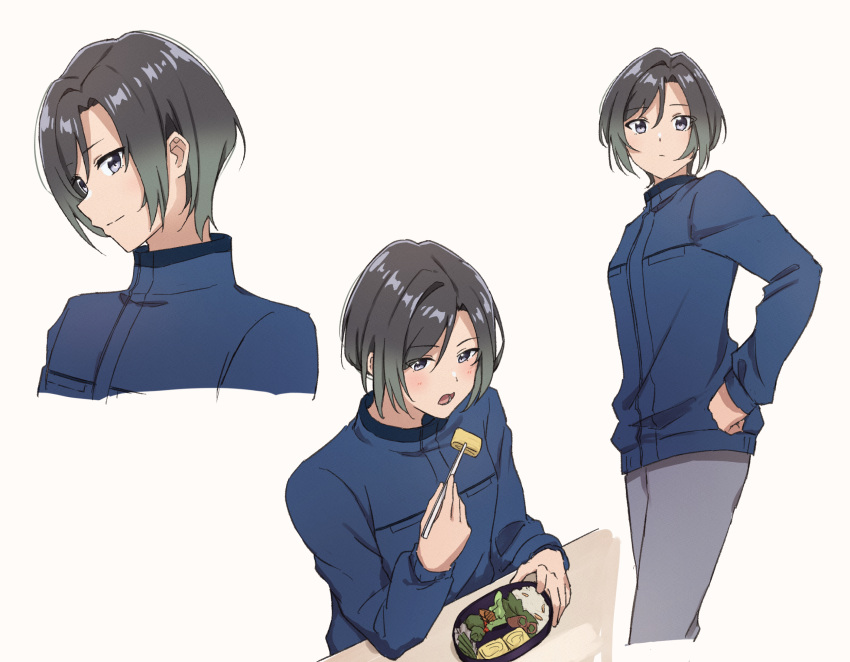 1girl bento blue_shirt chopsticks eating grey_pants hand_on_hip highres long_sleeves matarasu_(aaaaaaaaj) multiple_views open_mouth pants shimabukuro_kaoru shiroi_suna_no_aquatope shirt short_hair simple_background white_background