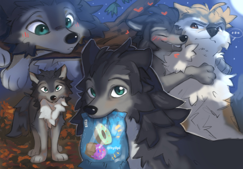 &lt;3 ... 2022 alpha_and_omega black_nose blush canid canine canis digital_media_(artwork) duo feral fur green_eyes grey_body grey_fur hi_res humphrey hyilpi leaf light lighting looking_at_viewer mammal mouth_hold shaded smile white_body white_fur wolf