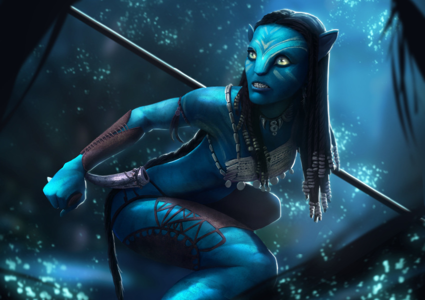 alien alien_humanoid angry bodypaint clenched_teeth clothed clothing crouching face_paint female forest glowing godwin_akpan hi_res humanoid james_cameron's_avatar jewelry knife leather na'vi neytiri plant skimpy solo teeth teeth_showing tree war_paint