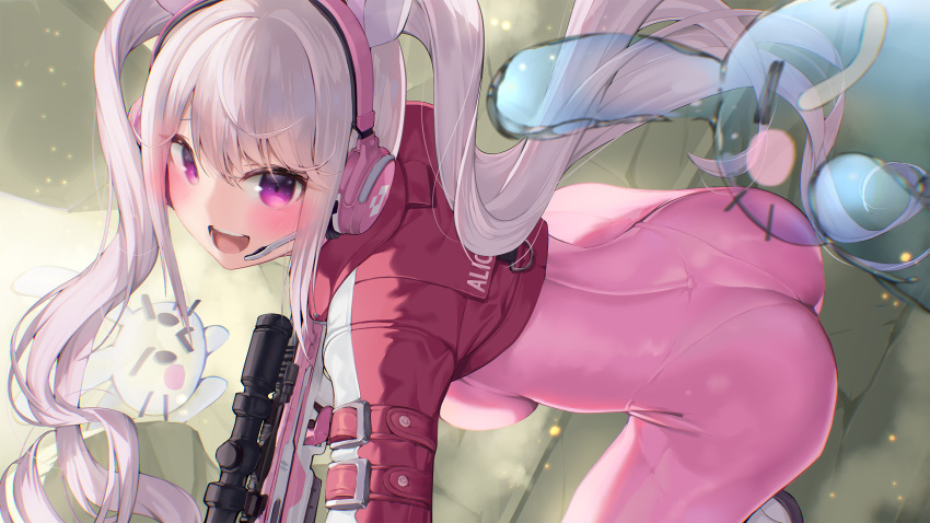 1girl :d alice_(goddess_of_victory:_nikke) ass back bangs blush bodysuit breasts bunny commentary_request eyebrows_visible_through_hair from_behind gloves goddess_of_victory:_nikke gun hair_between_eyes headphones highres holding holding_gun holding_weapon jacket large_breasts long_hair long_sleeves looking_at_viewer looking_back open_mouth pink_bodysuit pink_eyes pink_hair purple_eyes satou_daiji sidelocks smile squatting twintails weapon