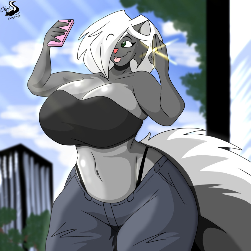 2022 absurd_res anthro big_breasts bottomwear breasts building cellphone chrisandcompany city cleavage clothed clothing cloud hair hair_over_eye hi_res huge_breasts kelsey_sienna mammal mephitid one_eye_obstructed pants phone plant ring selfie skunk sky smartphone thick_thighs tongue tongue_out tree watermark wide_hips