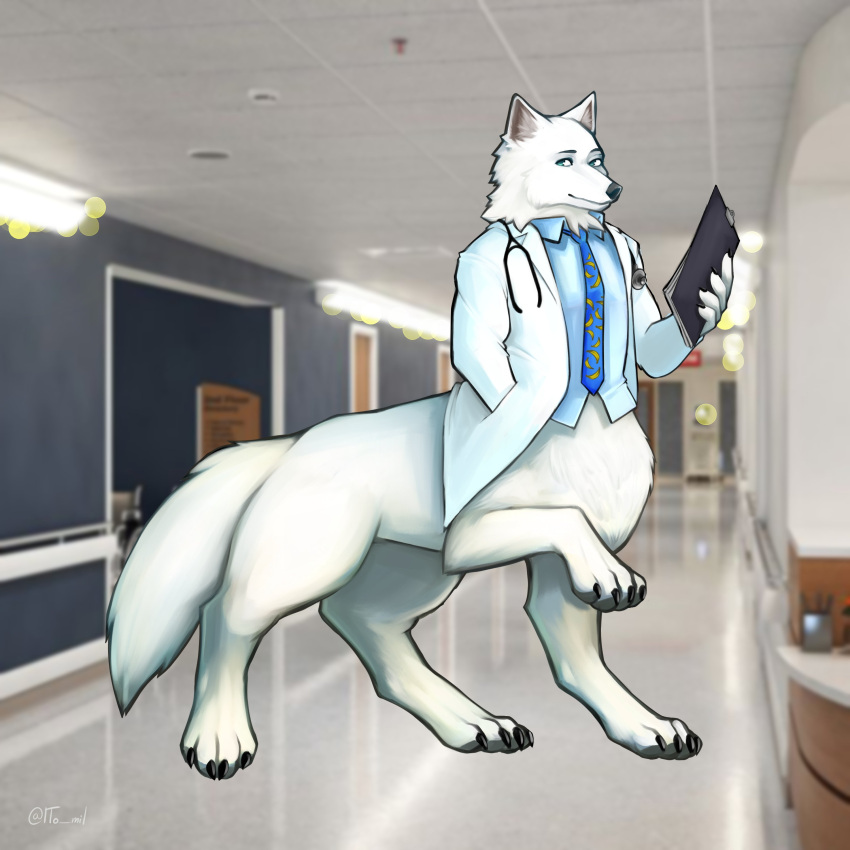 2020 4_toes absurd_res blurred_background canid canid_taur canine canine_taur canis claws clothing coat dorian_bianchi eyebrows feet fingers fur green_eyes hand_in_pocket hi_res holding_object inner_ear_fluff inside lab_coat light looking_at_viewer male mammal mammal_taur medical_instrument necktie photo_background pockets raised_foreleg reflection reflective_floor scientific_instrument shirt signature solo stethoscope taur toes tomiwoof topwear tuft white_body white_fur wolf wolf_taur