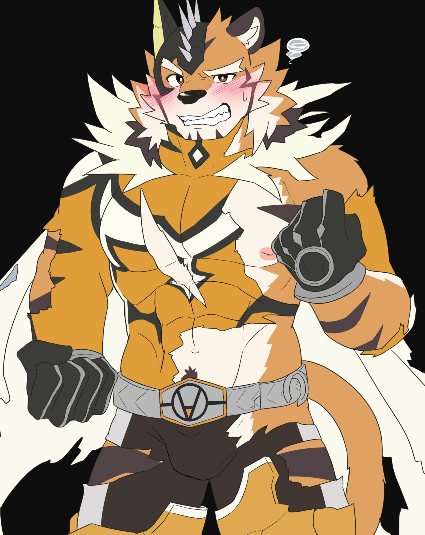 abs absurd_res anthro blush body_hair bulge clenched_teeth clothing felid fur gloves handwear happy_trail hi_res lifewonders live-a-hero madataror18 male mammal muscular muscular_anthro muscular_male navel nipples pantherine pecs ryekie_(live-a-hero) solo striped_body striped_fur stripes superhero teeth tiger video_games