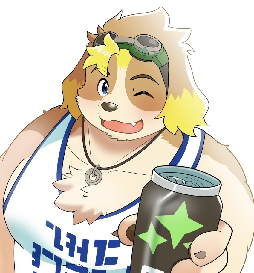amidasuke anthro beverage_can blue_eyes blush canid canine canis clothing domestic_dog eyewear floppy_ears goggles hi_res hisaki_(live-a-hero) jewelry kemono lifewonders live-a-hero male mammal musclegut necklace one_eye_closed pecs shirt solo tank_top topwear video_games wink