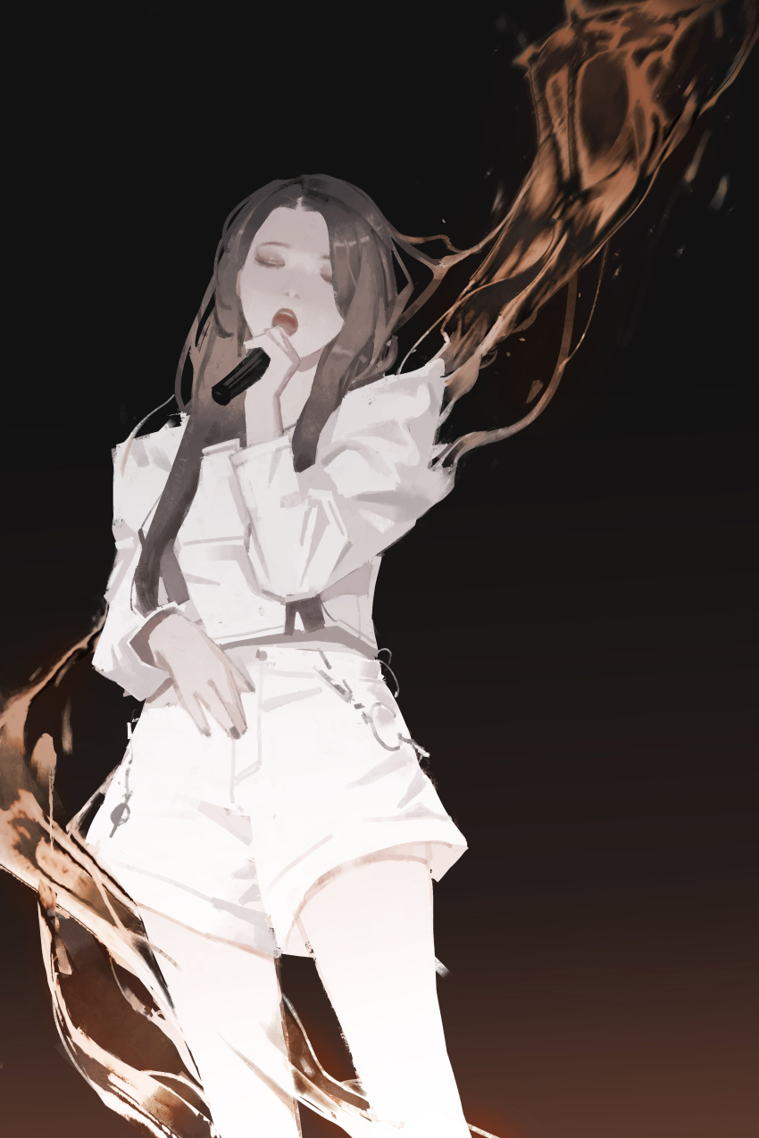 1girl absurdres black_background brown_background brown_hair character_request closed_eyes copyright_request cowboy_shot gradient gradient_background hand_up highres holding holding_microphone long_hair long_sleeves microphone music open_mouth shirt shorts singing solo tuoer white_shirt white_shorts