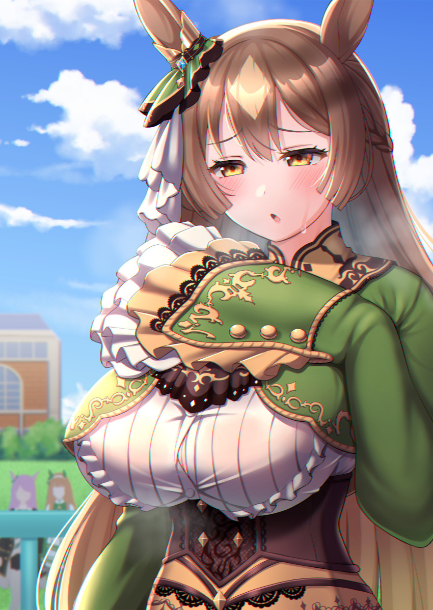 1girl absurdres animal_ears blush braid breasts brown_eyes brown_hair button_gap center_frills corset cropped_jacket ear_ornament frilled_shirt frilled_sleeves frills hair_between_eyes half_updo hand_on_own_chest highres horse_ears horse_girl large_breasts long_hair nekojima satono_diamond_(umamusume) shirt sleeves_past_fingers sleeves_past_wrists solo straight_hair sweat umamusume underbust white_shirt