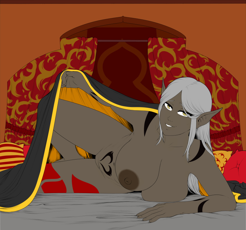 absurd_res areola big_breasts breasts dark_body dark_skin elf featureless_crotch female grey_hair hair hi_res humanoid nipples not_furry nude redboard solo