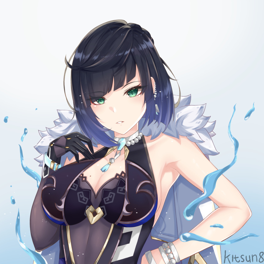 1girl absurdres armpits artist_name bangs black_hair breasts cleavage diagonal_bangs eyebrows_visible_through_hair genshin_impact gradient gradient_background green_eyes highres kitsun8 large_breasts looking_at_viewer parted_lips short_hair sideboob solo upper_body water yelan_(genshin_impact)