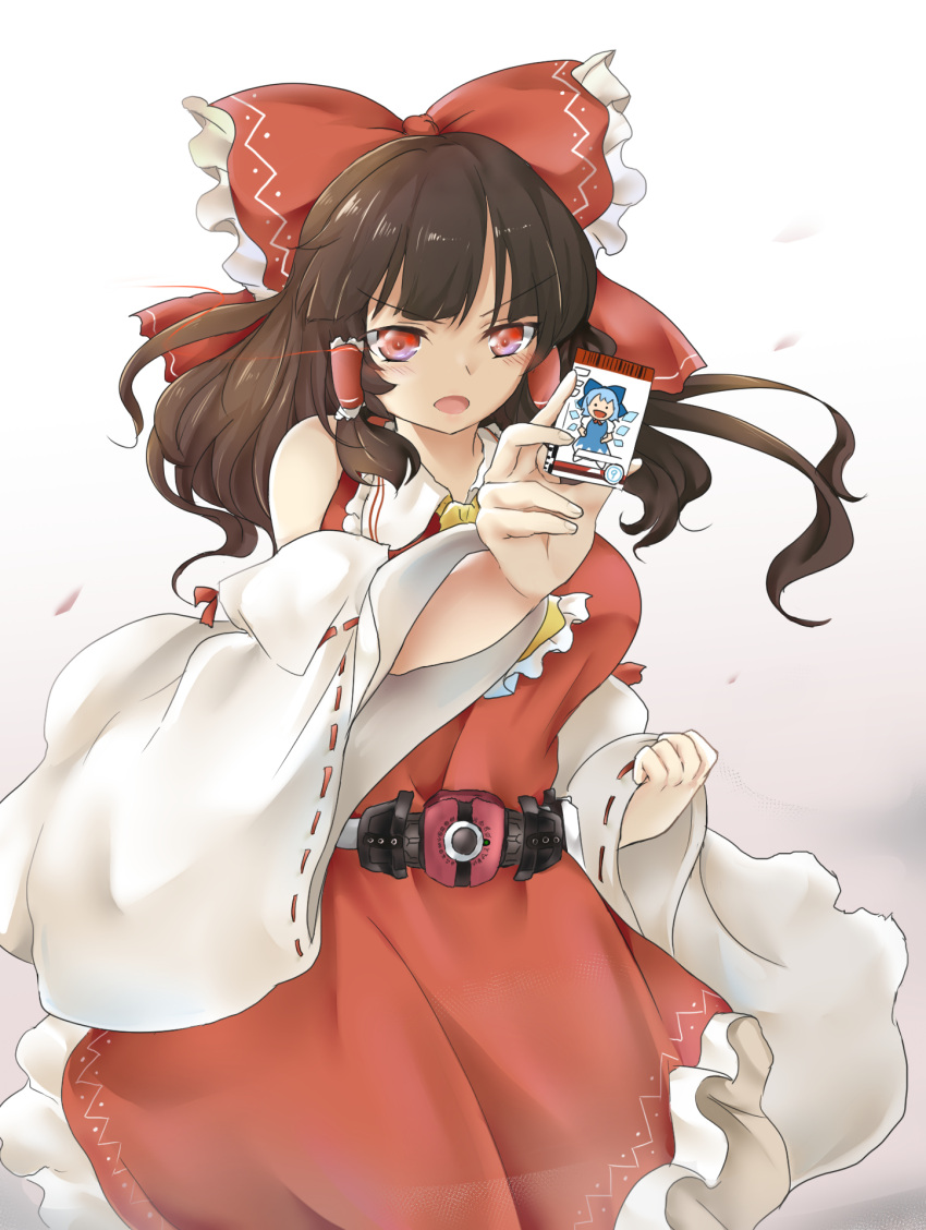 1girl :o bangs belt bow brown_hair card cirno crossover detached_sleeves dress hair_bow hakurei_reimu highres holding holding_card japanese_clothes kamen_rider kamen_rider_dcd kamen_rider_zi-o_(series) long_hair looking_at_viewer miko open_mouth poke200 red_bow red_dress red_eyes solo touhou unconnected_marketeers white_sleeves