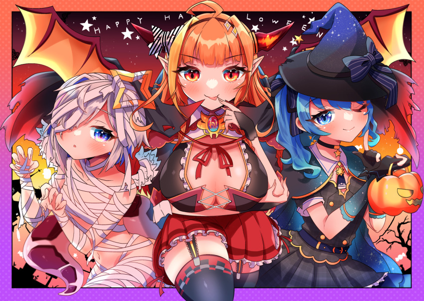 3girls alternate_costume amane_kanata angel angel_wings arm_under_breasts bandages black_gloves blonde_hair blue_eyes blue_hair bow breasts cape claw_pose cleavage diagonal-striped_bow doukyo's dragon_girl dragon_horns dragon_tail dragon_wings eyebrows_visible_through_hair feathered_wings fingerless_gloves flat_chest gloves halloween halo happy_halloween hat highres hololive horn_bow horn_ornament horns hoshimachi_suisei kiryu_coco large_breasts looking_at_viewer multicolored_hair multiple_girls mummy_costume naked_bandage orange_eyes orange_hair pointy_ears red_skirt sakuramochi_(sakura_frappe) scales side_ponytail silver_hair skirt star_(symbol) streaked_hair striped striped_bow symmetry tail virtual_youtuber wings witch witch_hat