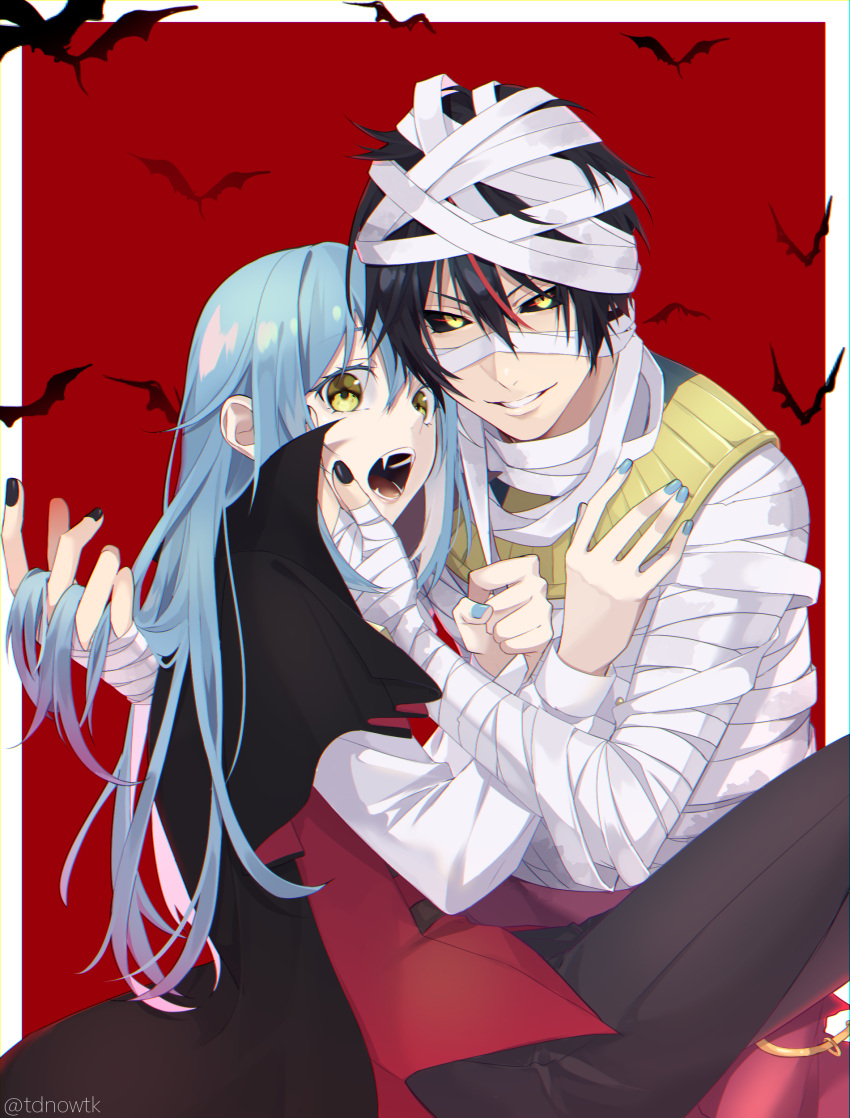 1boy 1other \||/ absurdres androgynous bandages bangs bat black_cloak black_hair black_nails black_pants black_sclera blue_hair blue_nails cloak colored_sclera commentary_request diablo_(tensei_shitara_slime_datta_ken) fangs grin halloween halloween_costume hand_in_another's_hair hand_on_another's_face highres looking_at_viewer multicolored_hair mummy_costume open_mouth outside_border pants red_background red_hair red_vest rimuru_tempest shirt simple_background smile ss023xx streaked_hair tensei_shitara_slime_datta_ken tongue twitter_username vampire_costume vest white_shirt yellow_eyes