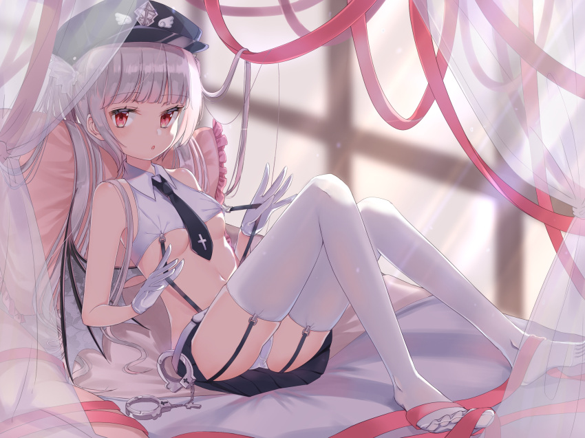 1girl ass bare_arms bare_shoulders bed belt black_headwear black_skirt breasts canopy_bed chia_sis collared_shirt commentary_request crop_top cuffs curtains demon_girl demon_wings garter_straps gloves grey_hair handcuffs hat highres knees_up long_hair looking_at_viewer lying midriff miniskirt navel necktie no_bra no_shoes on_back on_bed original panties parted_lips peaked_cap pillow pleated_skirt reclining red_eyes red_ribbon revealing_clothes ribbon shirt skirt sleeveless sleeveless_shirt small_breasts solo stomach suspenders suspenders_pull tenshi_keisatsu thighhighs thighs twintails underboob underwear very_long_hair white_gloves white_legwear white_panties white_shirt wings